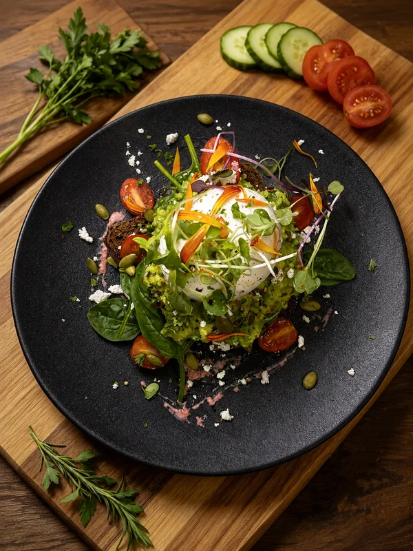 Avocado smash with poached egg, feta, hummus, cherry tomatoes and greens